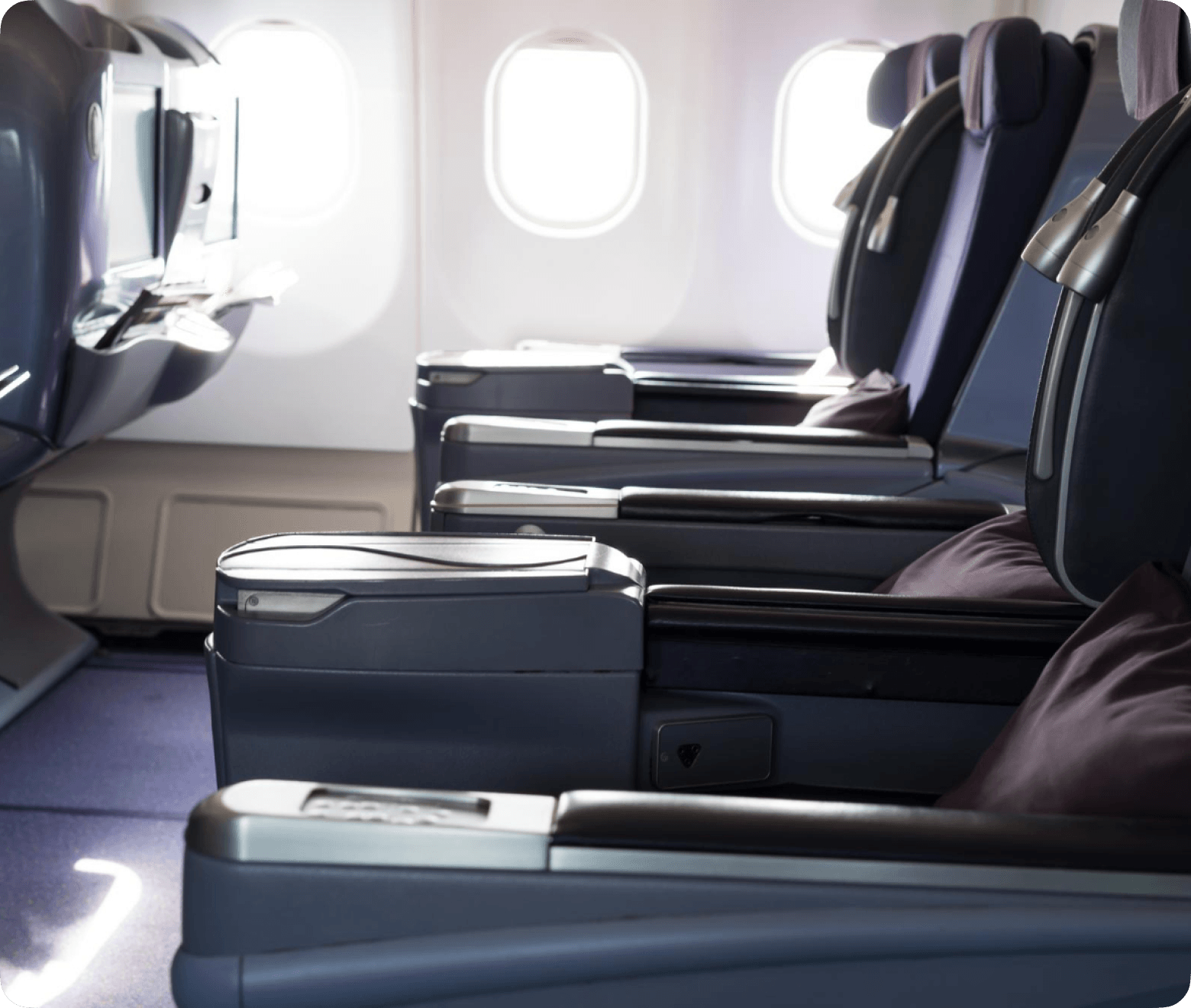 Business class cabin seats on a flight to Italy